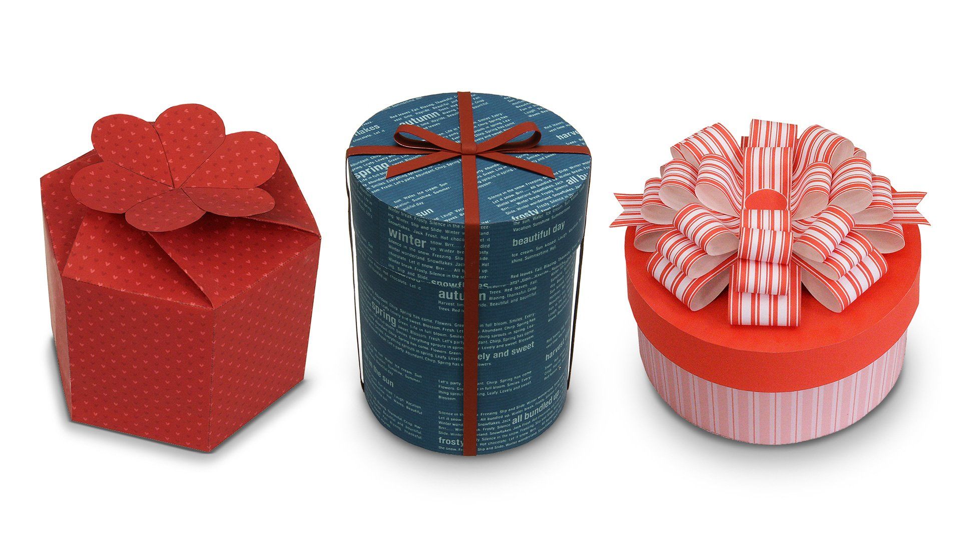 Three homemade decorative gift boxes in different shapes.